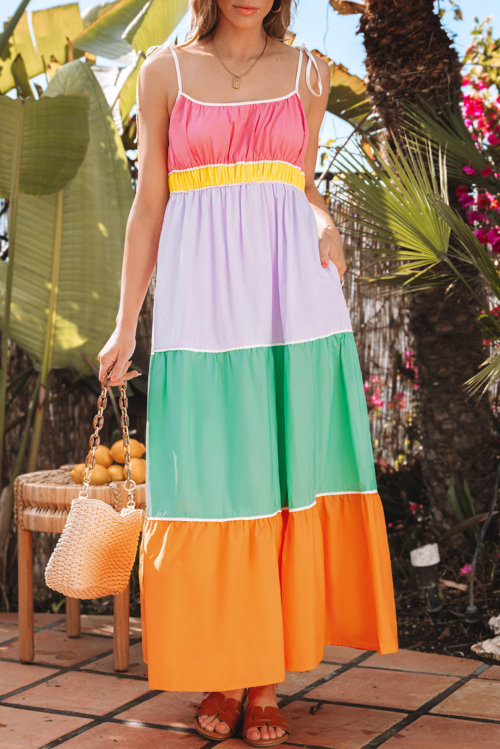 Colorblock Self-tie Straps High Waist Flowy Maxi Dress with Pockets