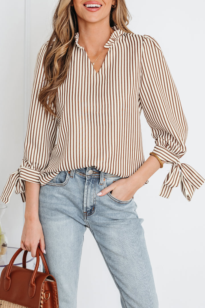 Striped Print Tied Cuffs Split Neck Seersucker Blouse