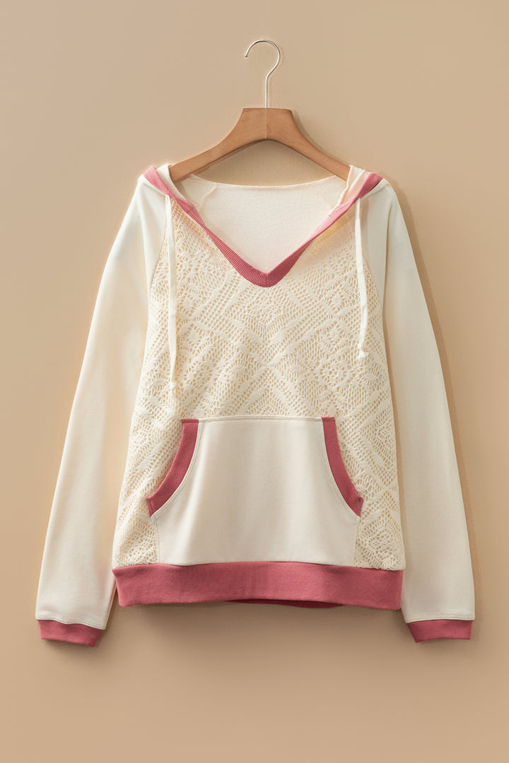 White Contrast Trim Crochet Knit Patchwork Exposed Seam Hoodie