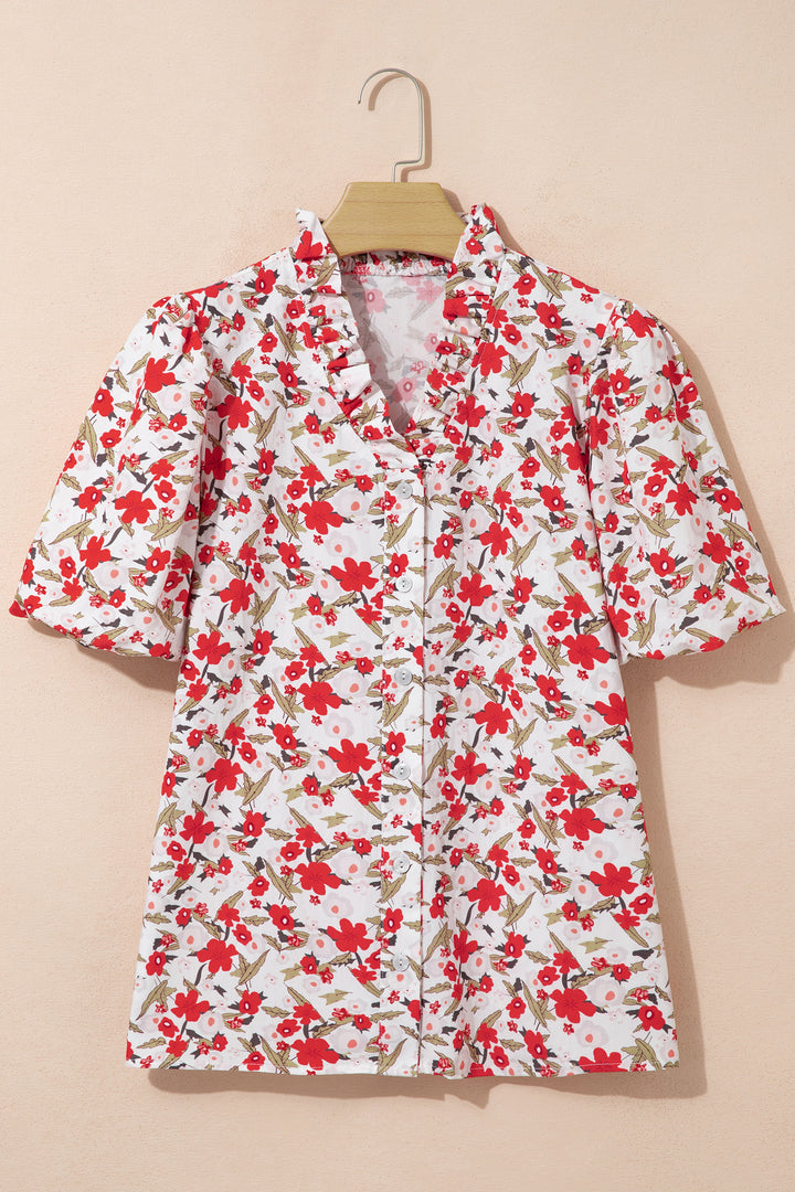Red Floral Print Short Puff Sleeve Button Front Shirt