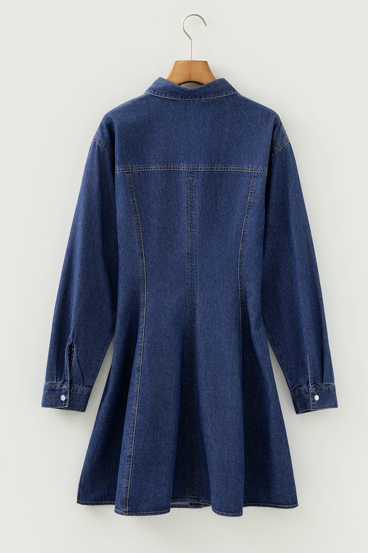 Denim Shirt Collar Long Sleeve Flared Mini Dress
