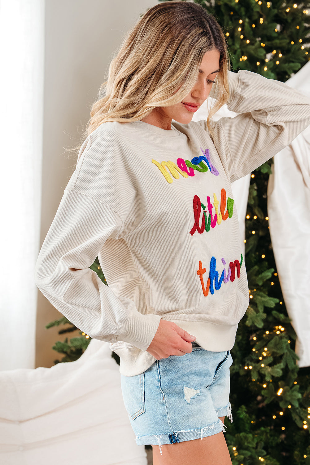 merry little thing Corded Letter Graphic Ribbed Loose Sweatshirt