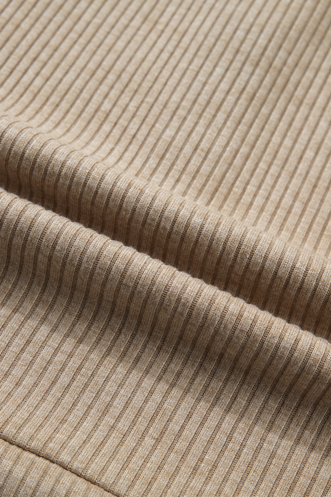 Beige Ribbed Knit Denim Patchwork Button Polo Collar Cuffed Long Sleeve Top