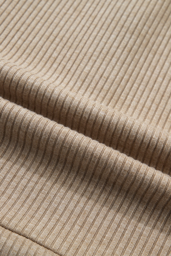 Beige Ribbed Knit Denim Patchwork Button Polo Collar Cuffed Long Sleeve Top
