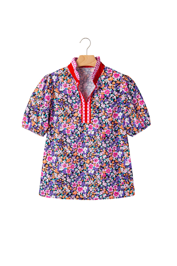 Purple Ditsy Floral Print Plaid Colorblock Trim V Neck Blouse