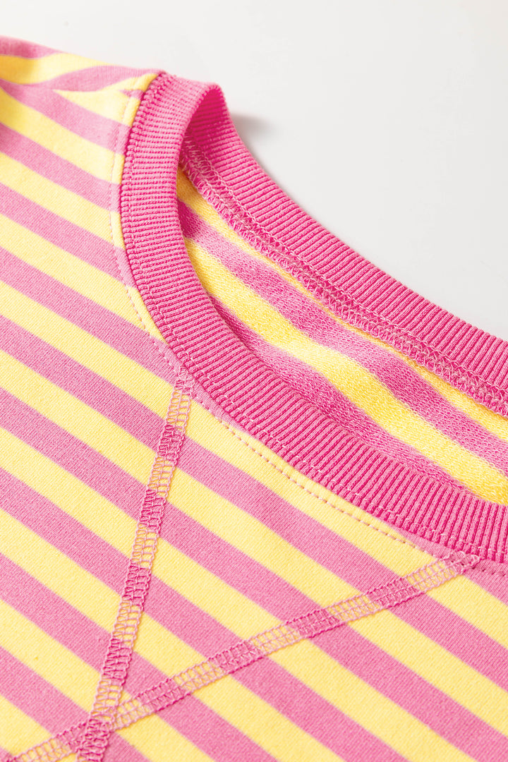 Yellow Stripe Color Block Trim Round Neck Long Sleeve Top Casual Shorts 2pcs Set