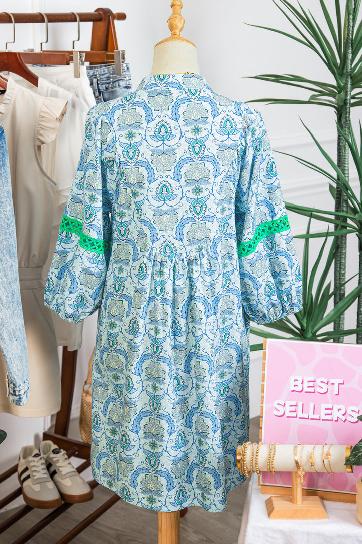Sky Blue Boho Paisley Print Bracelet Sleeve Loose Mini Dress