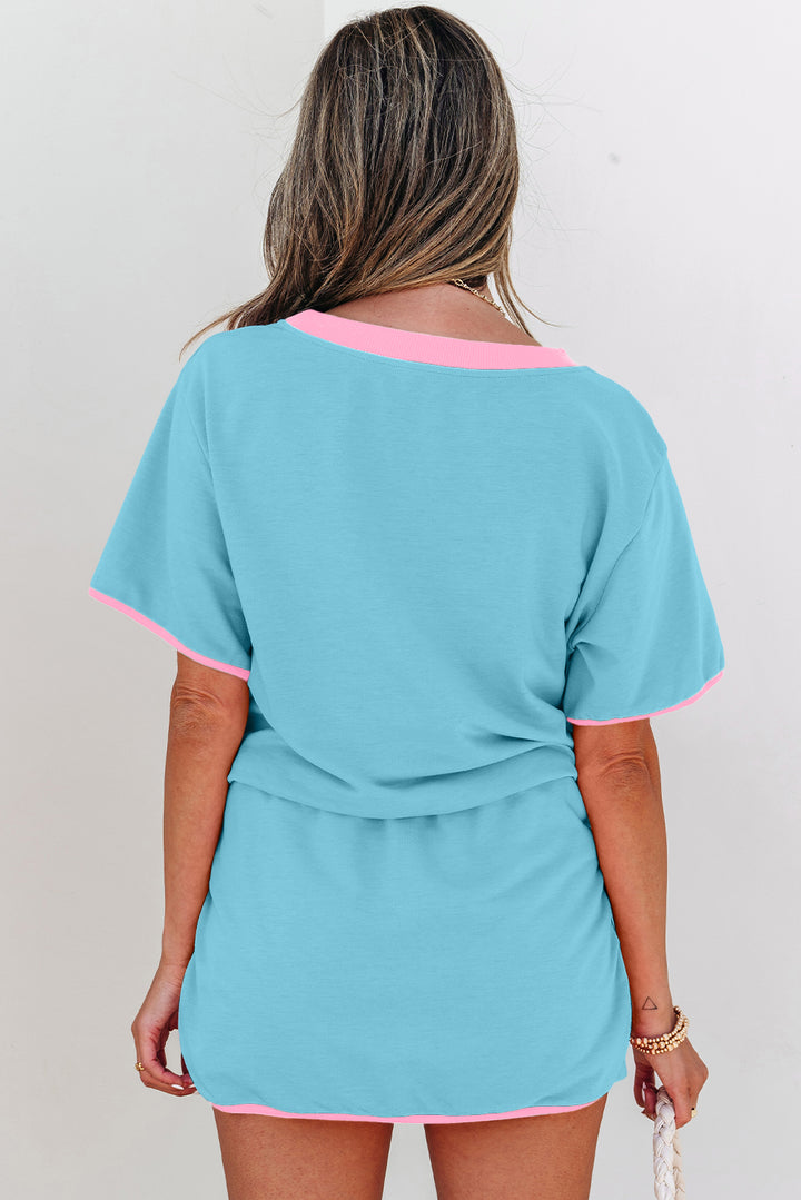 Turquoise Colorblock Edge T Shirt and Skort 2Pcs Set