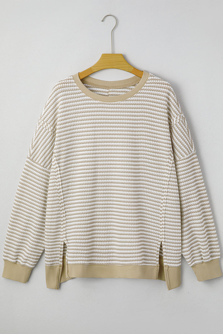 Brown Stripe Breathable Knit Ribbed Trim Plus Size Long Sleeve Top