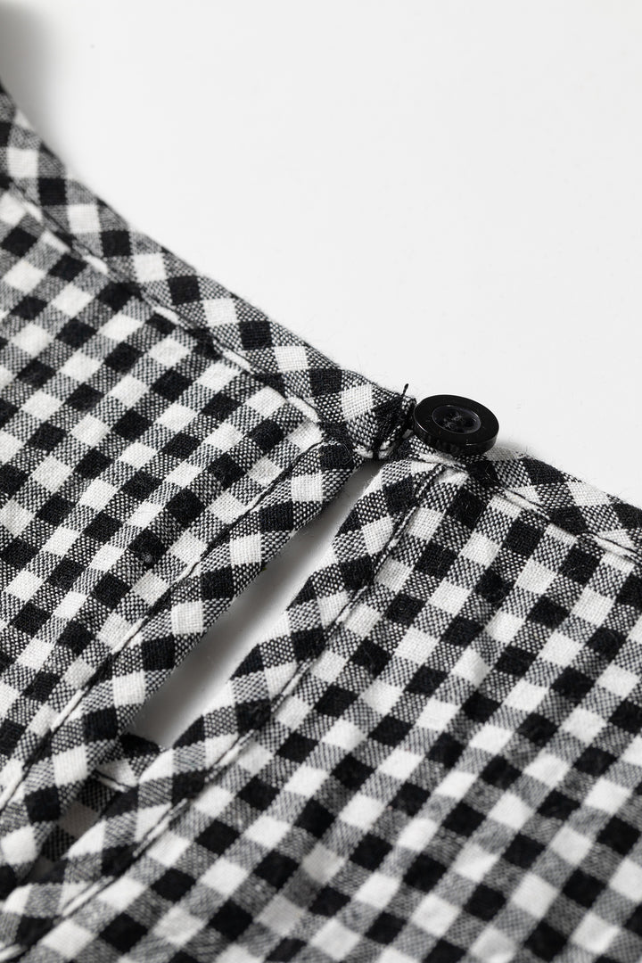 Black Plaid Shirred Cuff Long Sleeve Round Neck Blouse