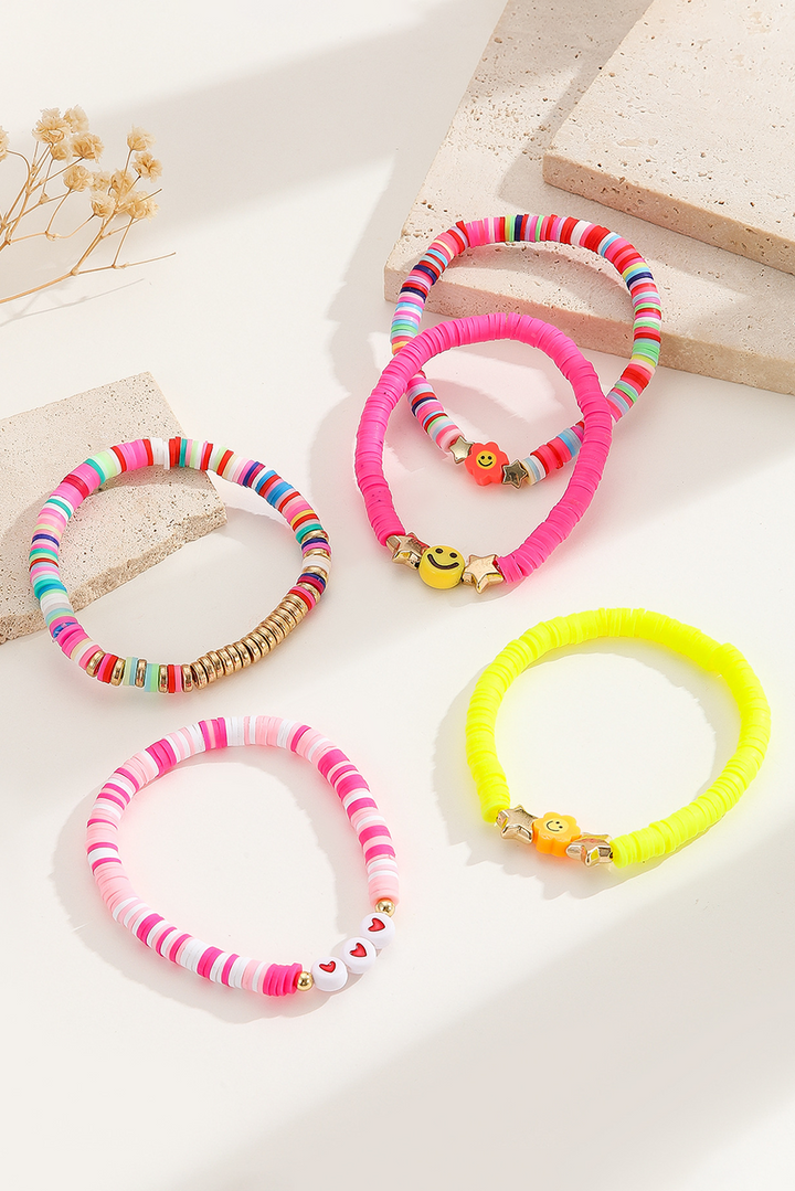 Smile Face Flower Beaded 5pcs Bracelet Set (Color of Flower May Vary)