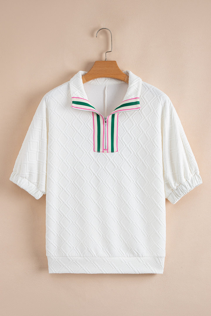 White Contrast Striped Collar Patchwork Textured Half Sleeve Blouse