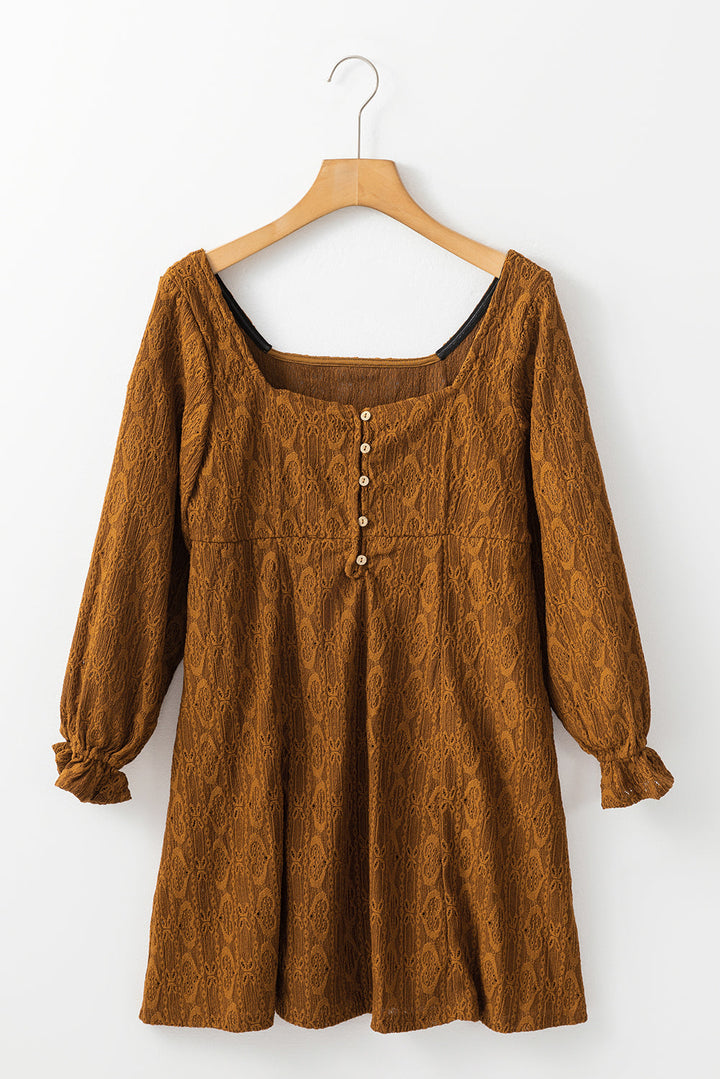 Lace Crochet Buttoned Square Neck Shift Mini Dress