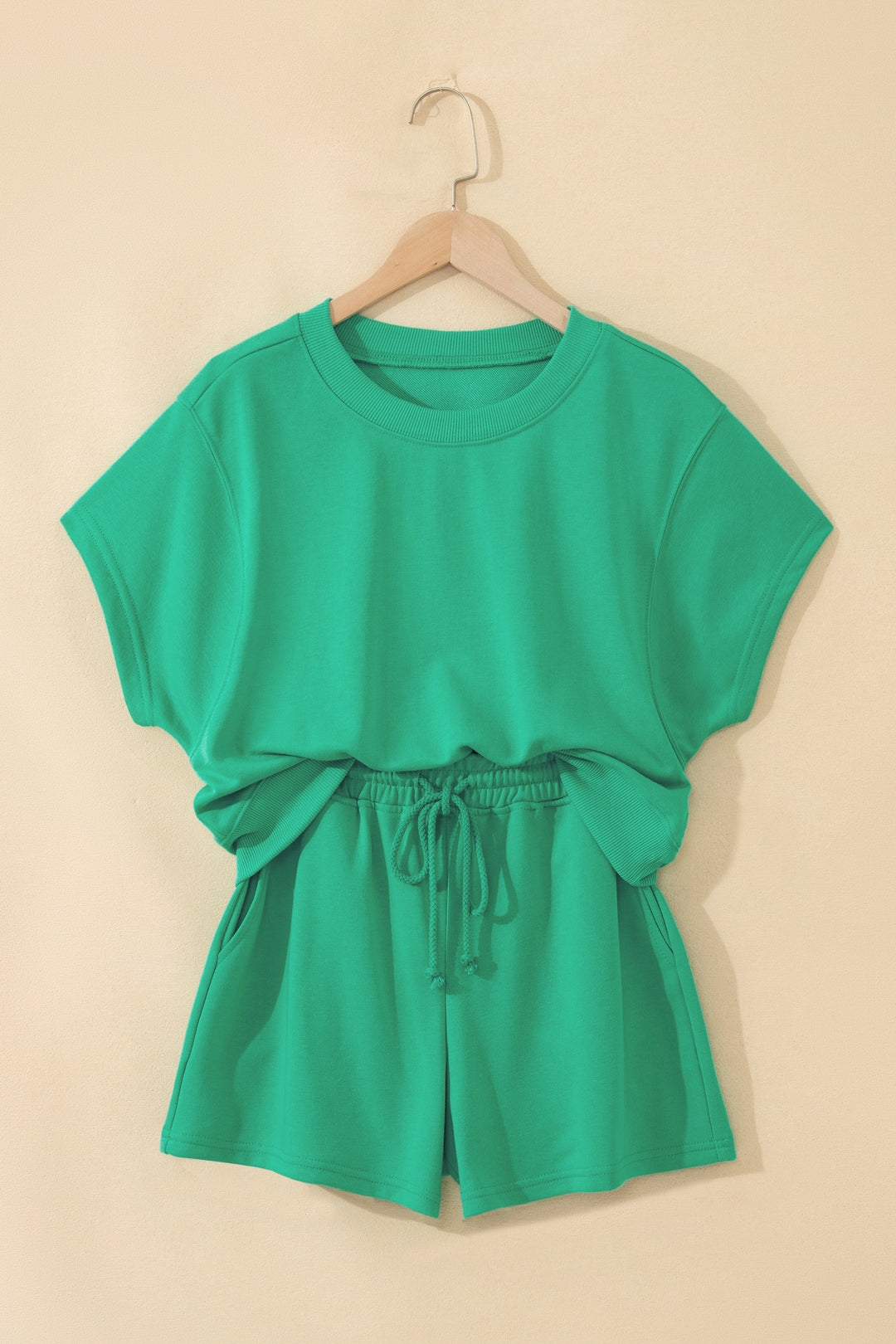 Sea Green Solid Color Loose Tee Drawstring Shorts 2pcs Outfit
