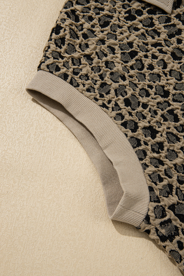 Beige Ribbed Patchwork Collar Cuffed Sleeve Leopard Plus Top