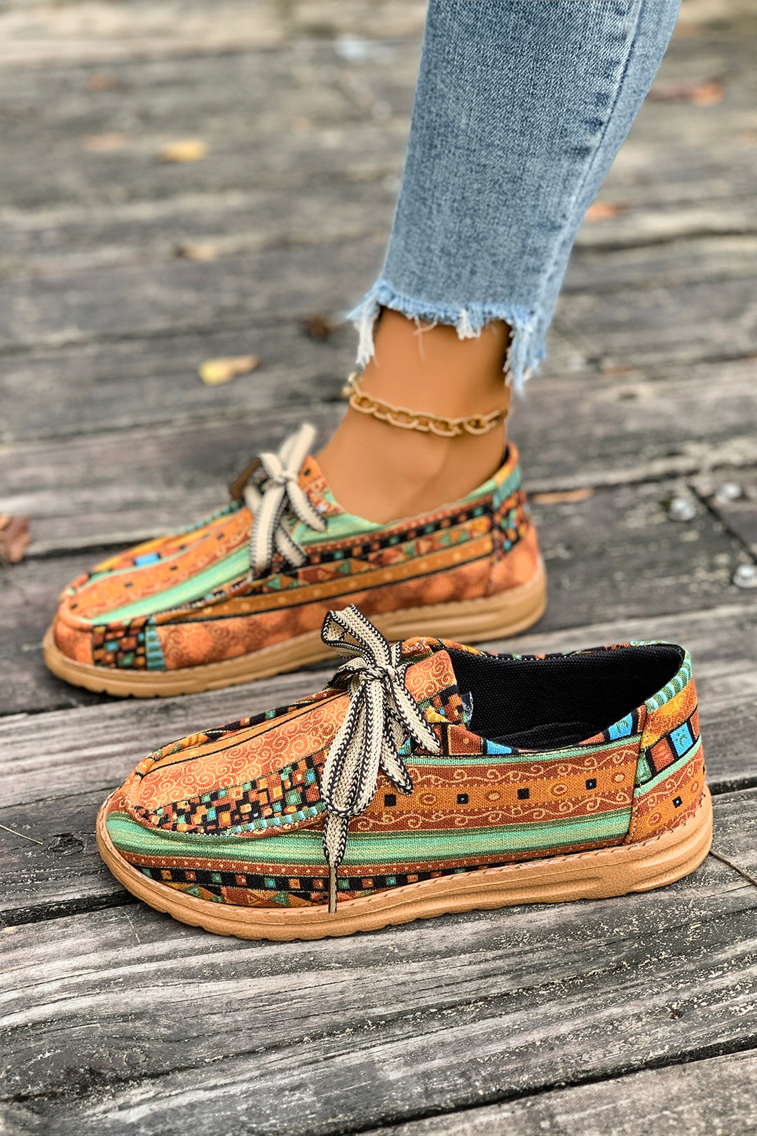 Ethnic Artistic Print Lace-up Detail Comfort Loafer Shoes