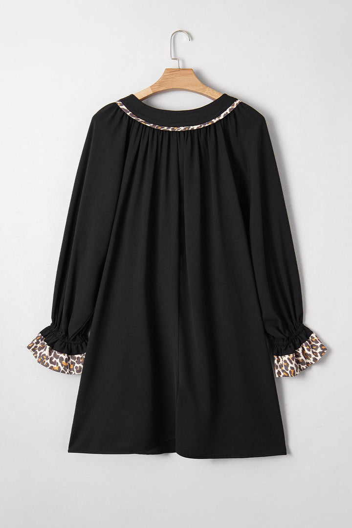 Black Plus Size Notched Neck Leopard Trim Flounce Long Sleeve Shift Dress