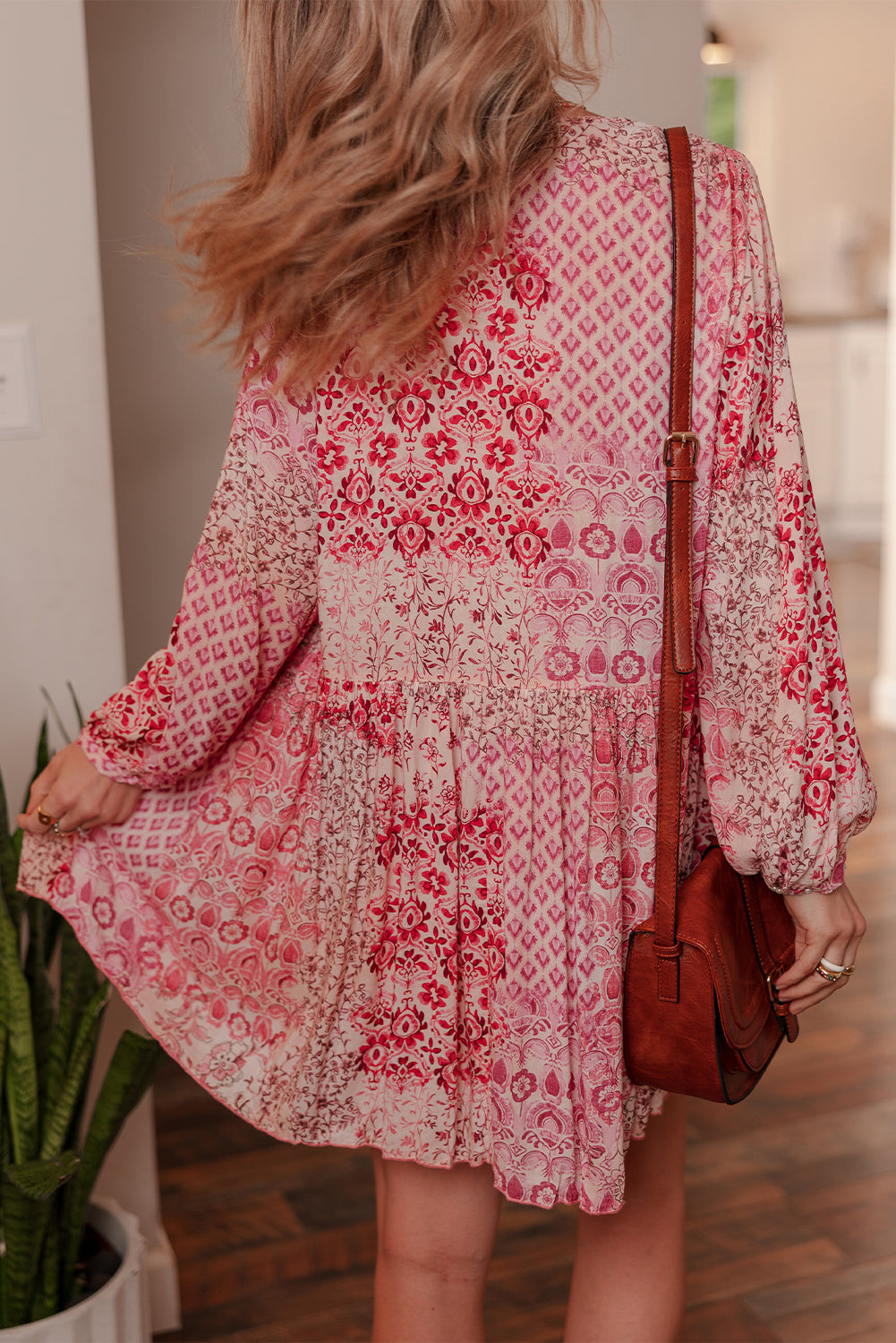 Bohemian Floral Print Tassel Tie Long Sleeve Flowy Mini Dress