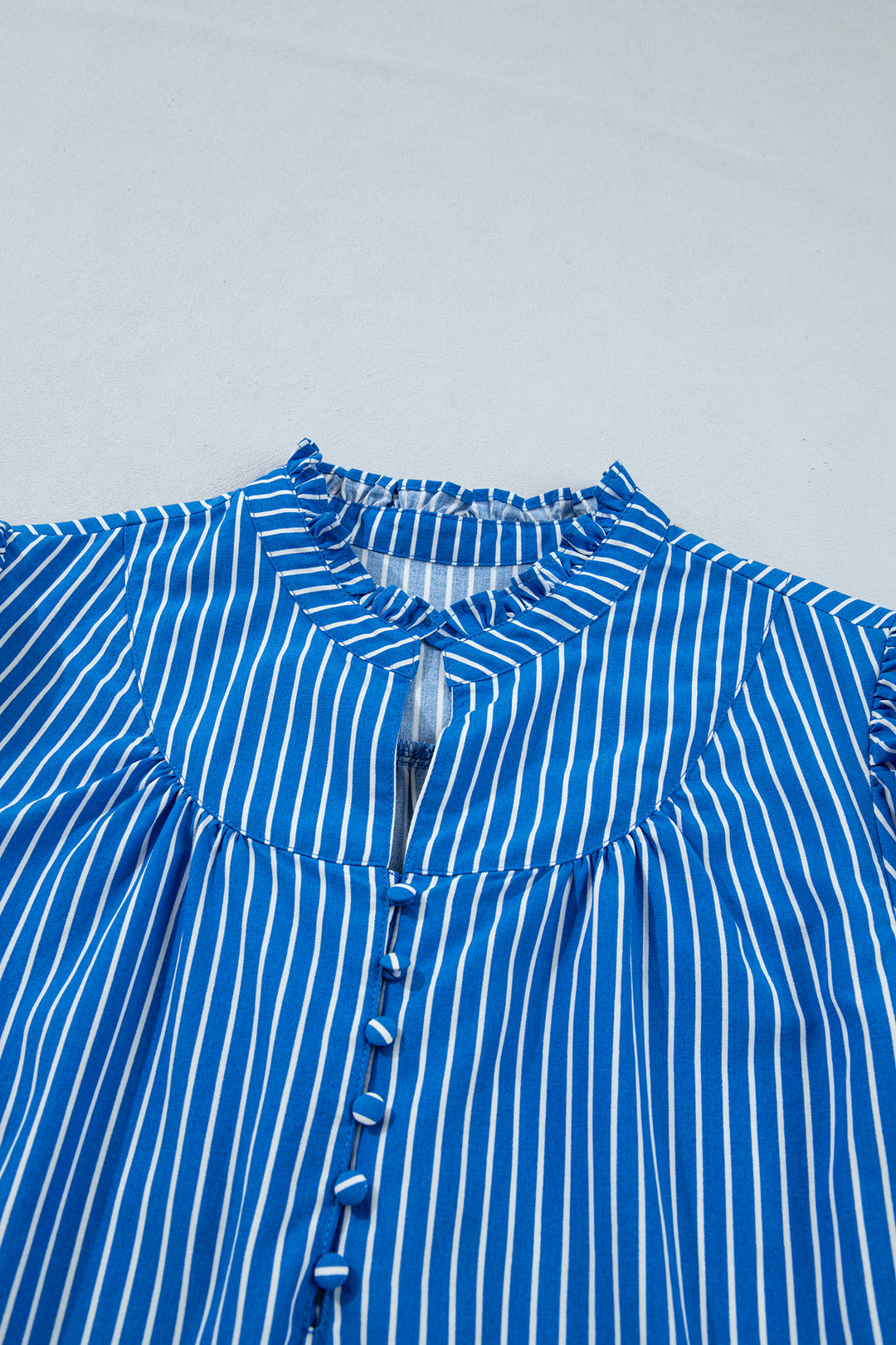 Blue Stripe Ruffled Short Puff Sleeve Button Front Blouse