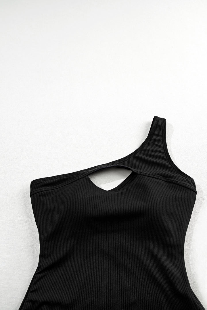 Ribbed One Shoulder Hollowed One Piece Swimsuit