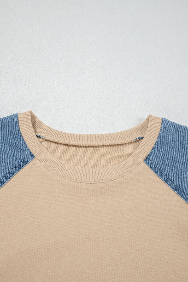 Parchment Denim Color Block Patchwork Round Neck Tee