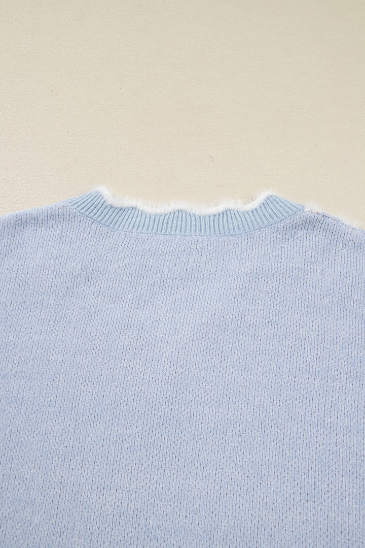 Gray Fuzzy Flower Scalloped V Neck Plus Sweater