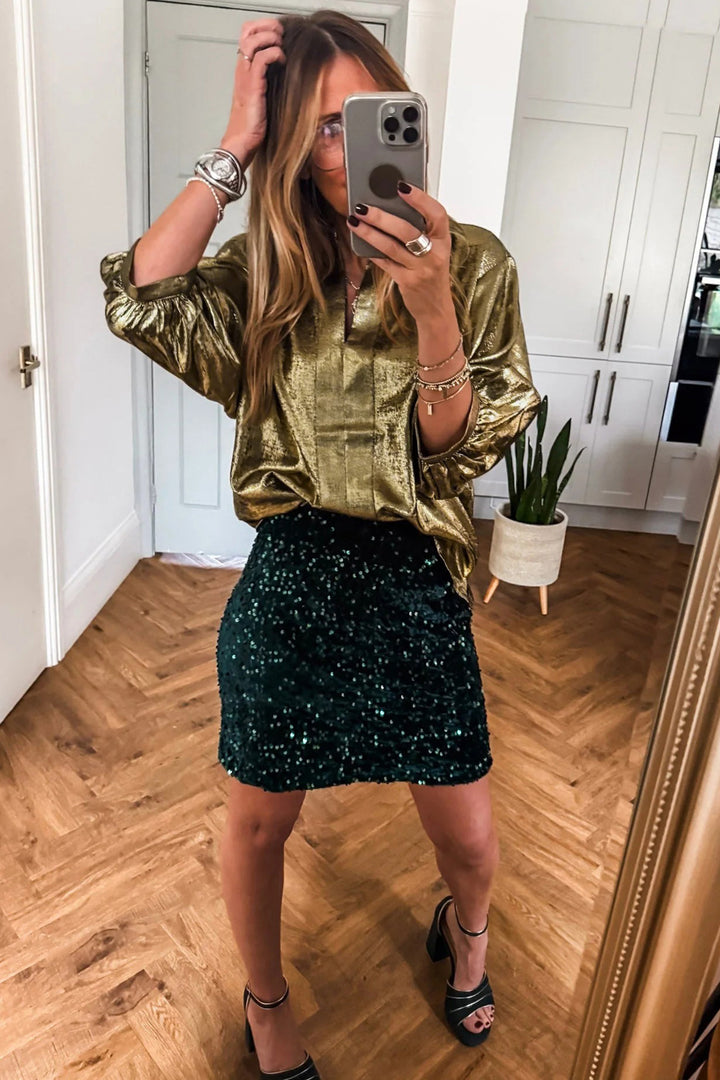 Metallic Split Neck Half Sleeve Blouse