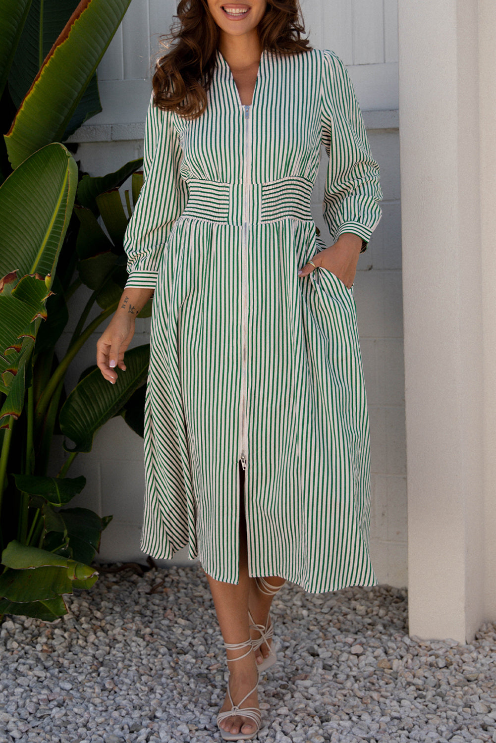 V Neck Zip Front Cinched High Waist Midi Dress