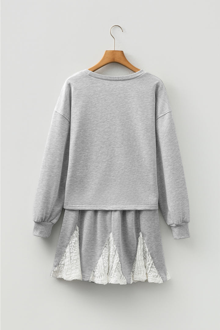 Light Grey Lace Patchwork Drop Shoulder Pullover Skort 2pcs Outfit