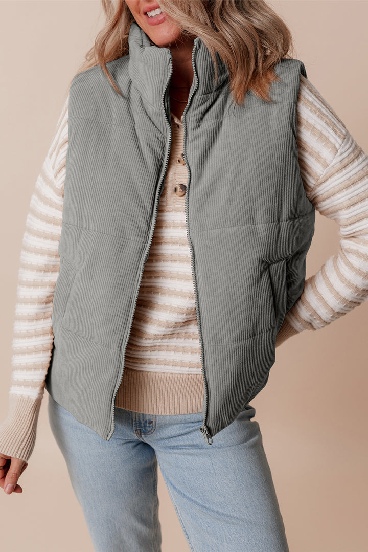 Gray Corduroy Stand Neck Zipped Puffer Vest