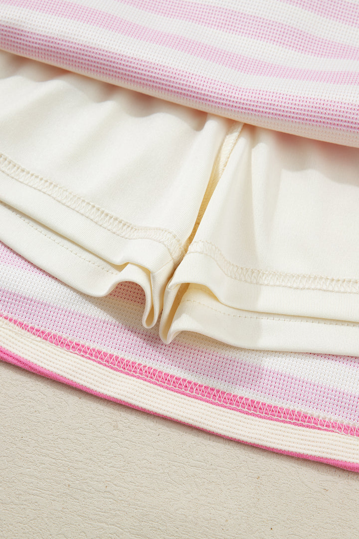 Sachet Pink Textured Stripe Print Zip Collar Sleeveless 2pcs Skort Set