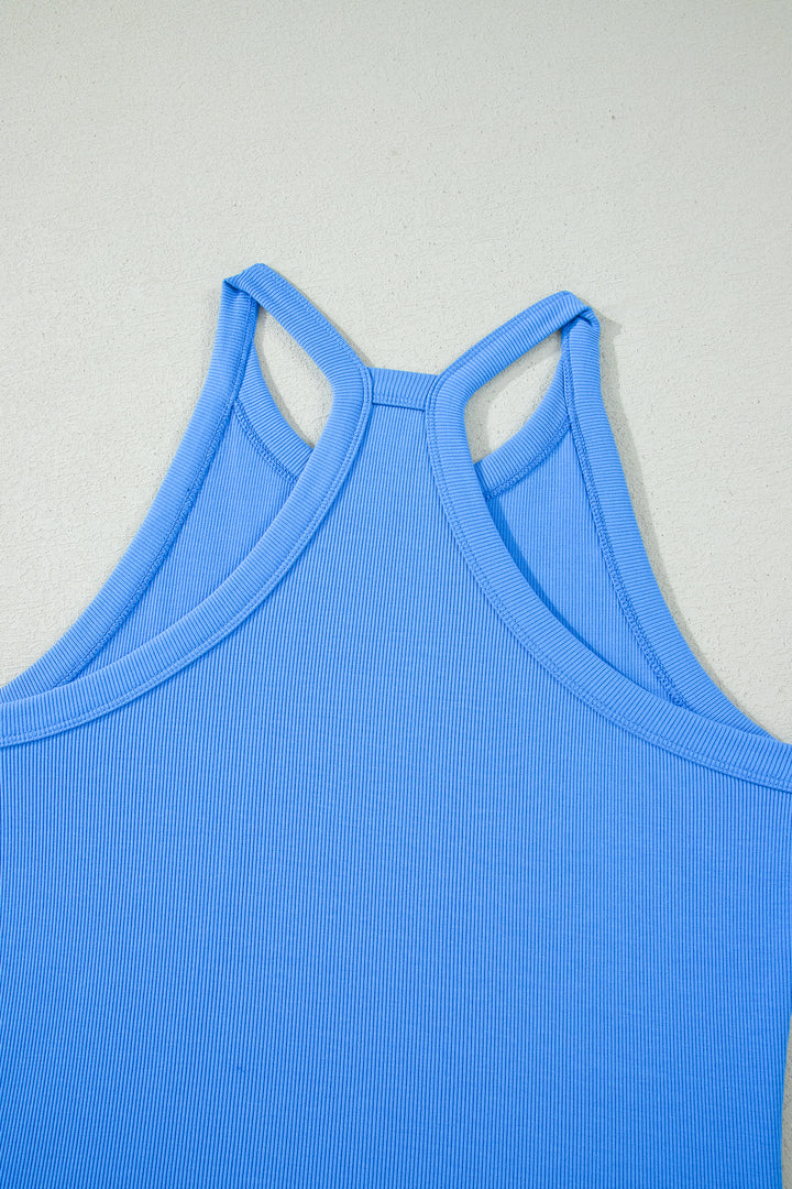 Sky Blue Slim Tank Top Elastic High Waist Shorts 2pcs Outfit
