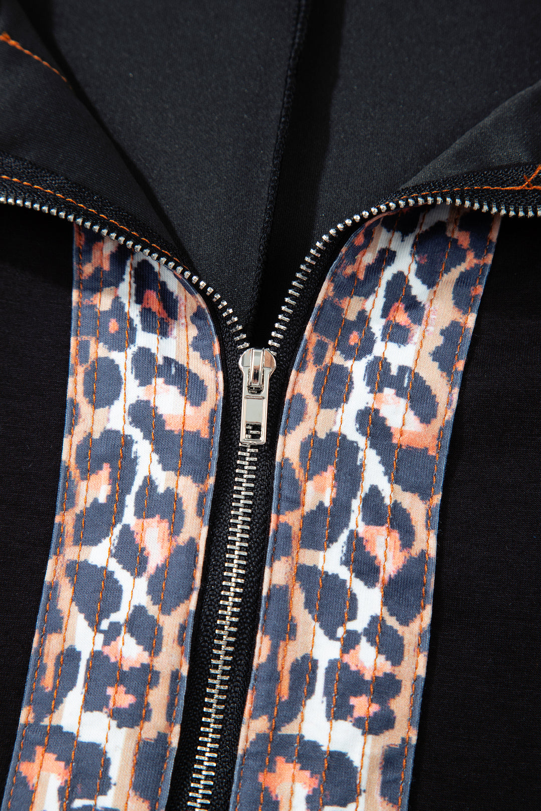 Black Plus Size Leopard Patchwork Half Zip Short Sleeve Top