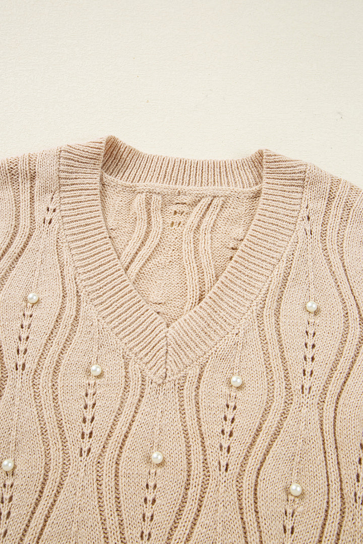 Pearl Beaded Pointelle Knit V Neck Lace Patchwork Sleeve Sweater