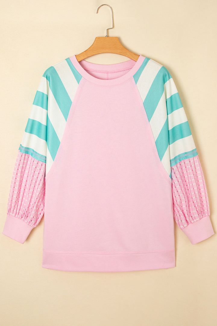 Cute Pink Striped Patchwork Raglan Pullover Top with Slits