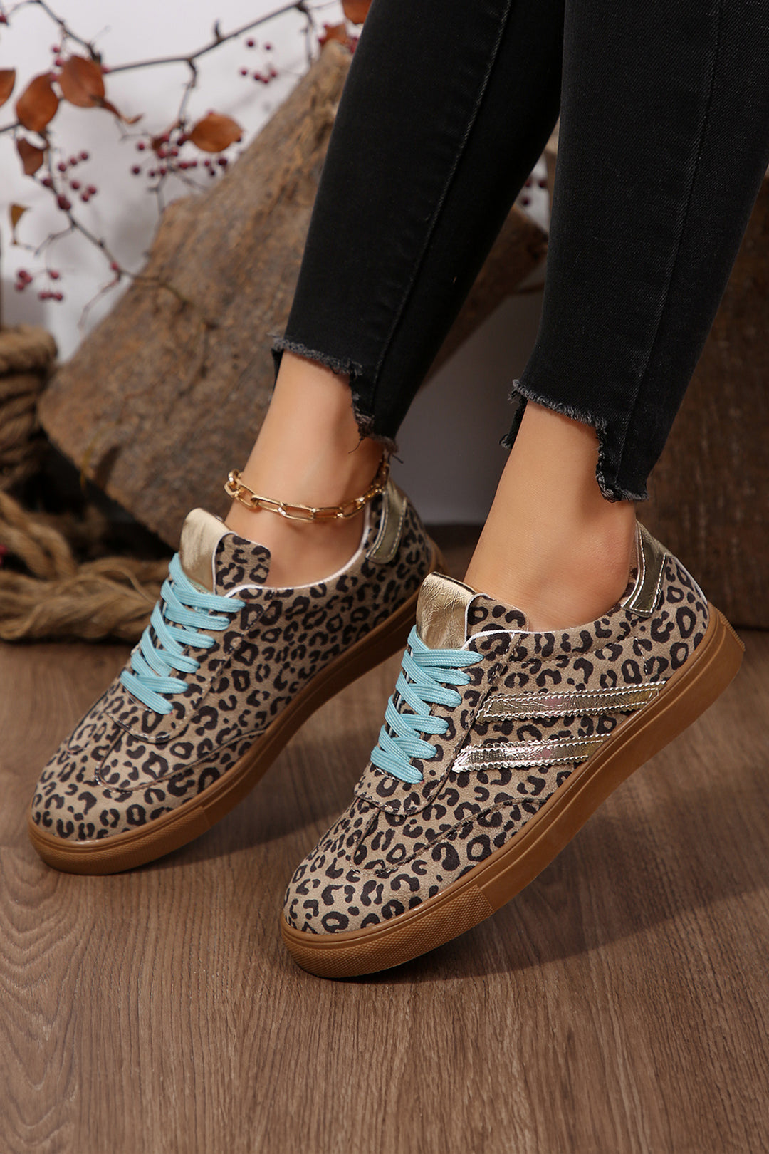 Coffee Faux Suede Leopard Print Sleek PU Leather Detail Lace Up Sneakers