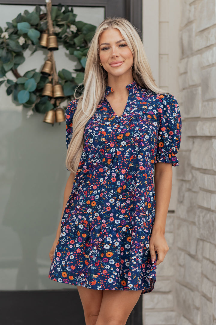 Wild Daisy Floral Split Neck Short Puff Sleeve Mini Dress