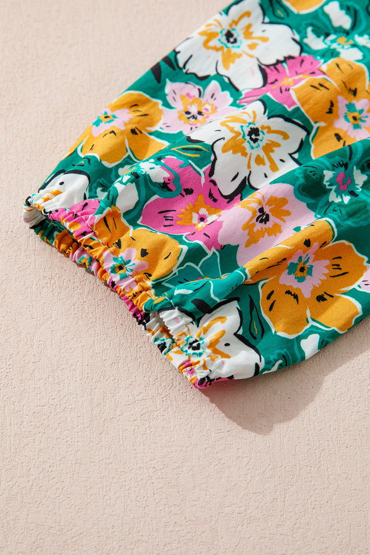 Floral Print Contrast Trim Frilled V Neck 3/4 Sleeve Blouse