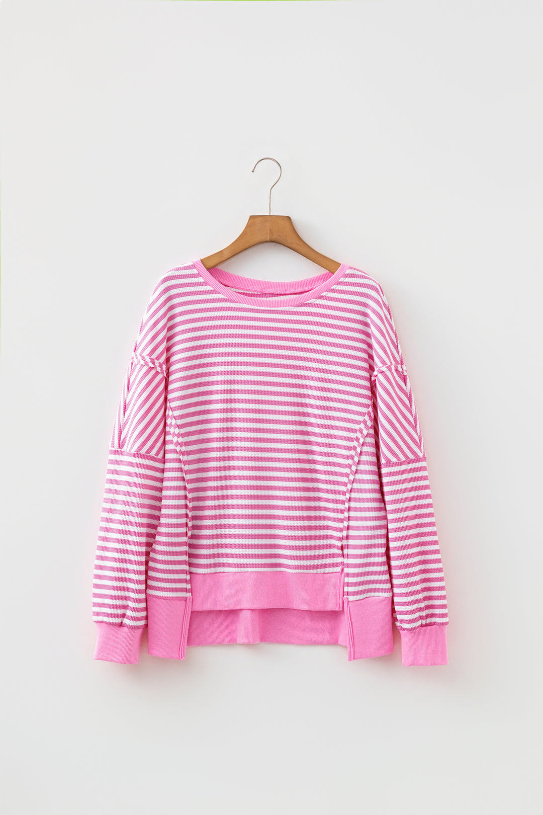 Pink Stripe Textured Knit Trim Split Hem Long Sleeve Top