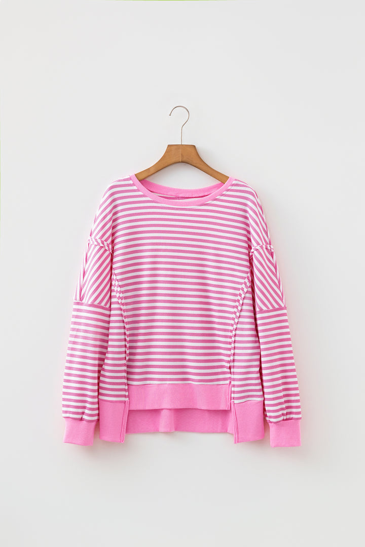 Pink Stripe Textured Knit Trim Split Hem Long Sleeve Top
