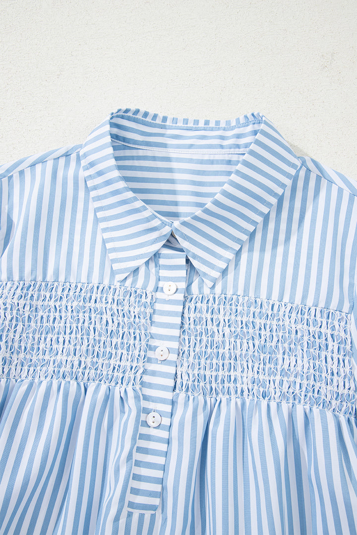 Shirred Detail Half Placket Collared Long Sleeve Fall Shirt