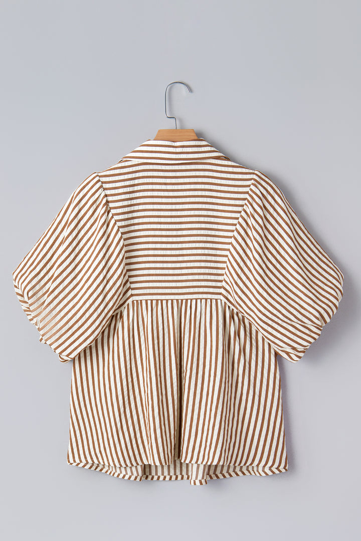 Shirred V Neck Short Puff Sleeve Blouse
