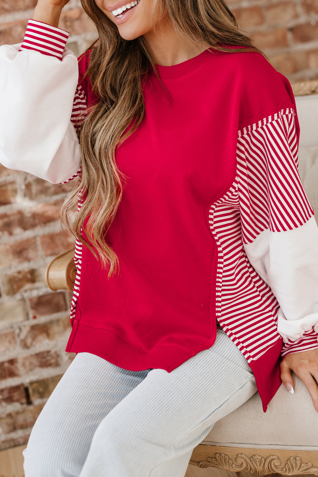 Striped Patchwork Sleeve Colorblock Sweatshirt