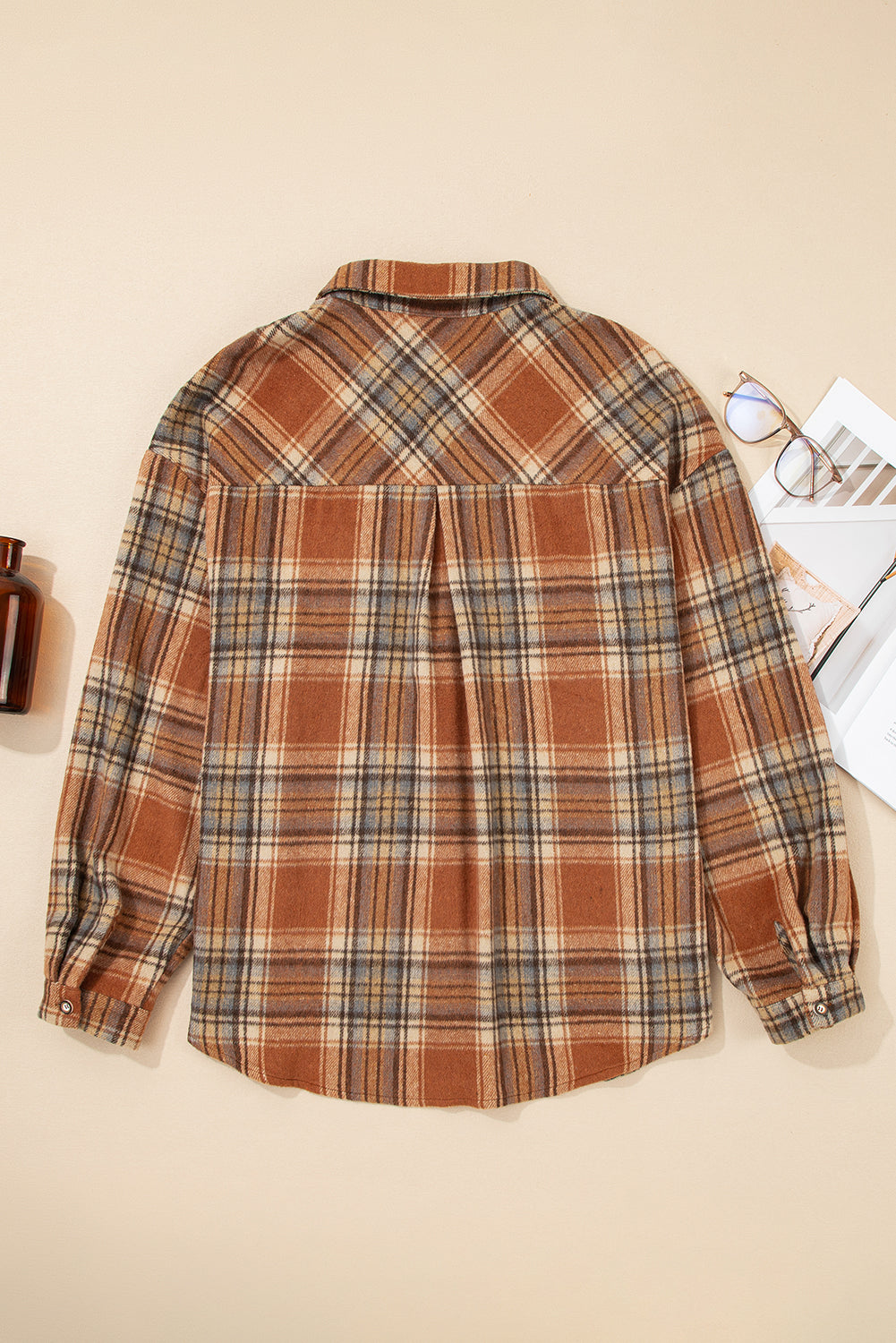 Brown Plaid Print Flap Pocket Plus Size Shacket