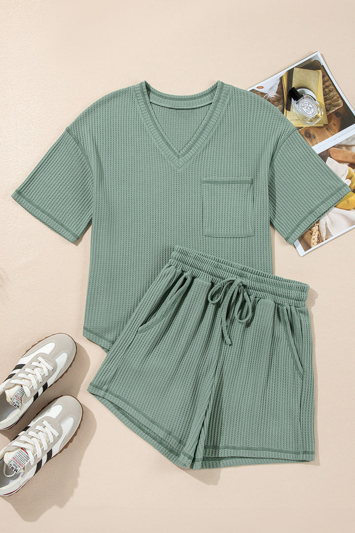 Green Solid Color Waffled V Neck Loose Tee Drawstring Shorts Set