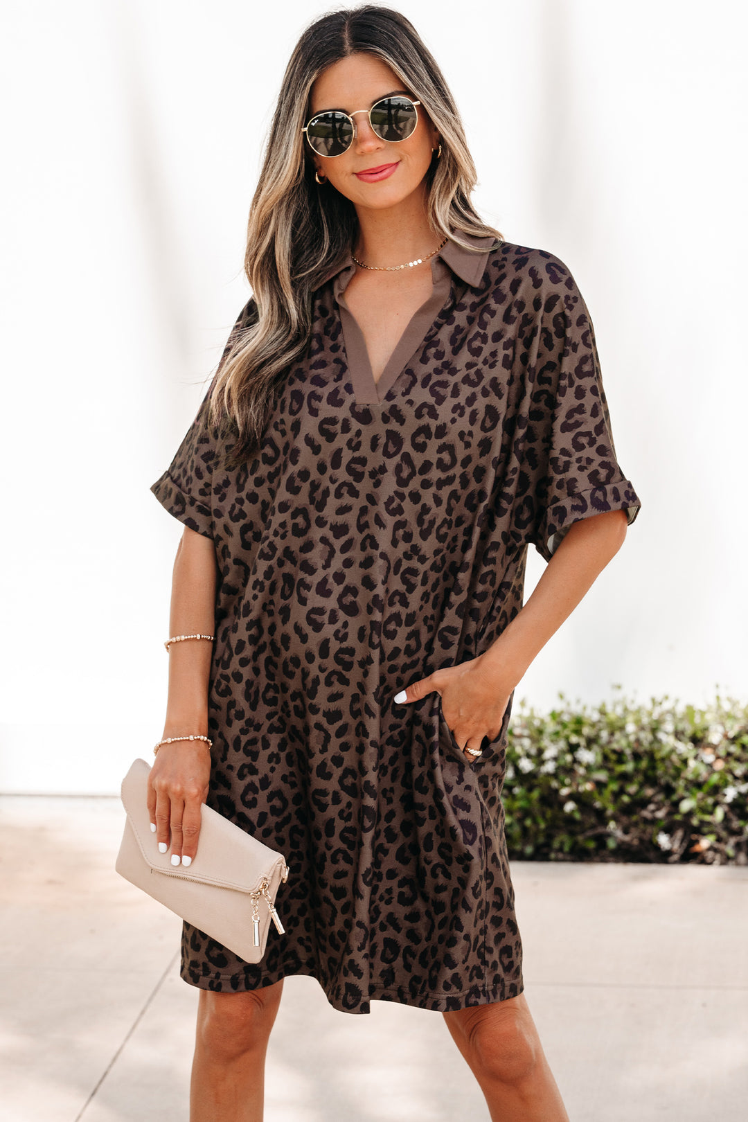 Brown Leopard Print Contrast Collar V-Neck Casual Mini Dress