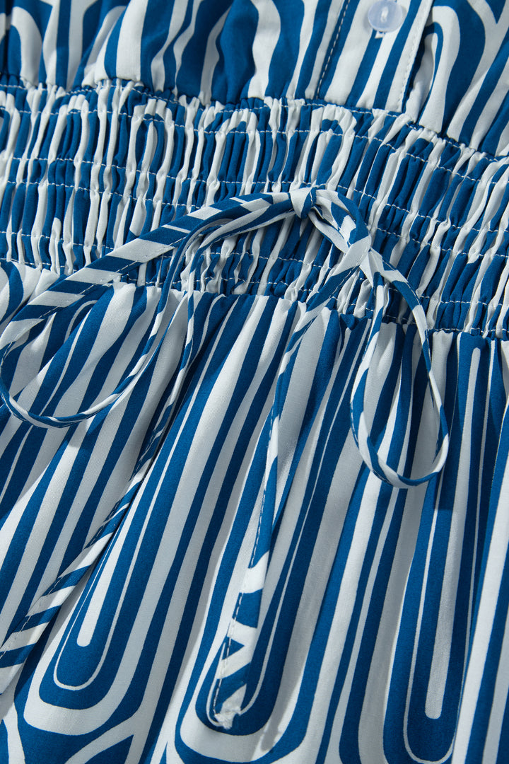 Blue Geometric Print Short Sleeve Shirt Collar Dress