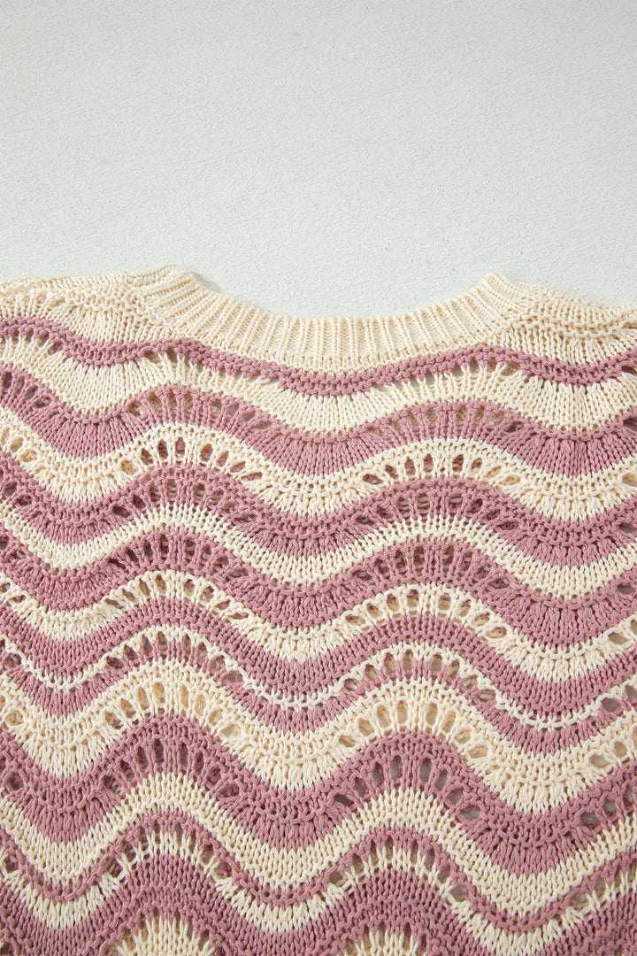 Beige Stripe Wavy Crochet Eyelet Detail Ruffle Half Sleeve Sweater