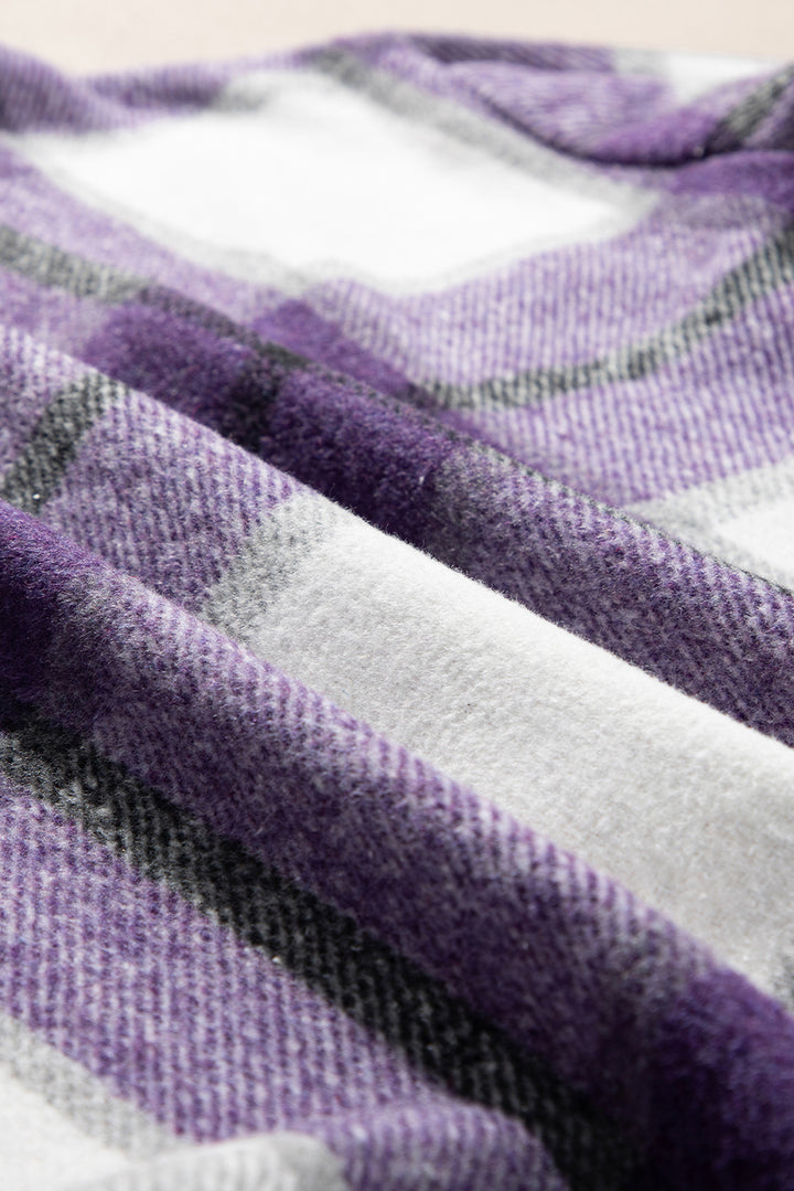 Purple Plaid Color Block Buttoned Long Sleeve Jacket with Pocket