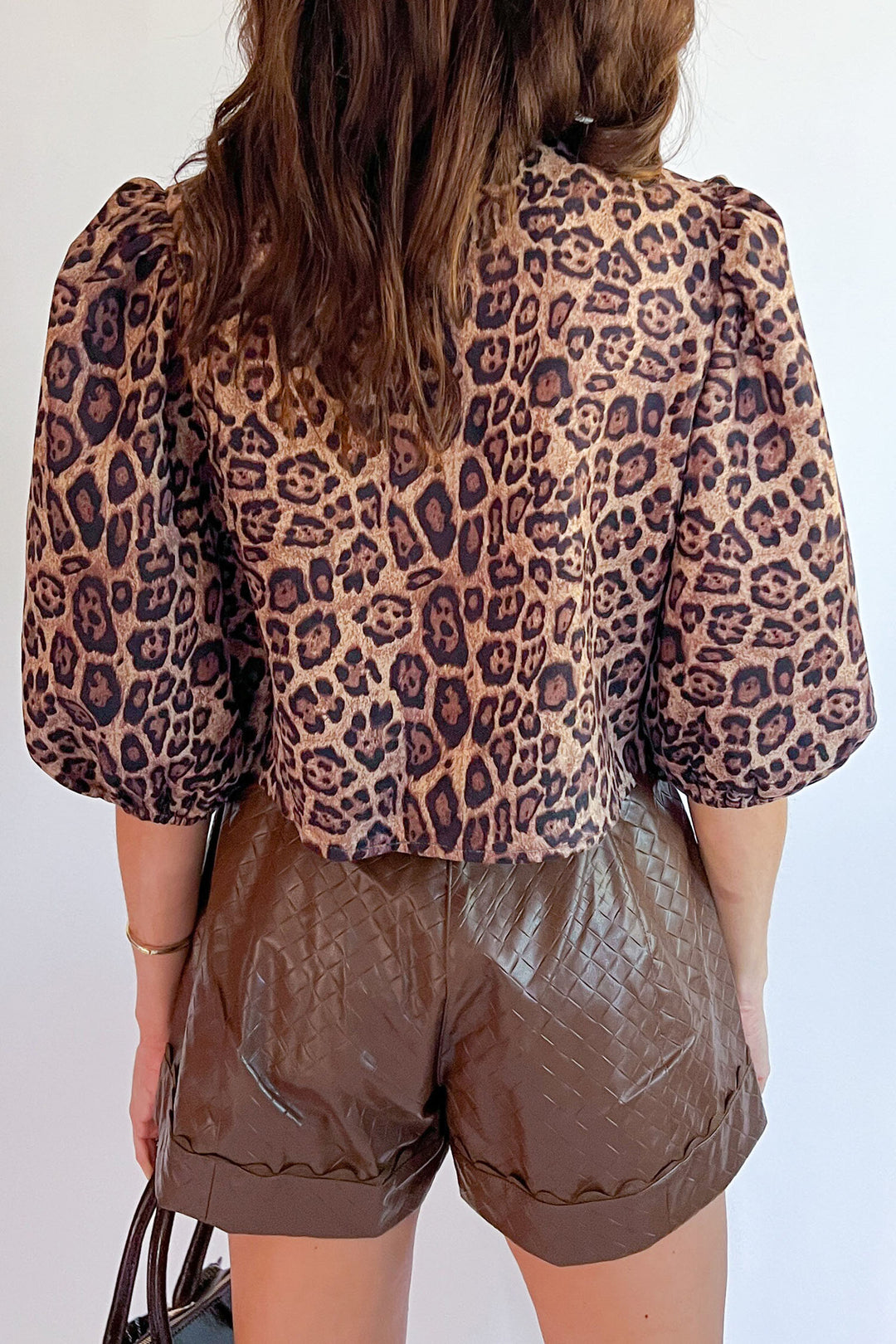 Leopard Bow Tie Puff Sleeve Blouse